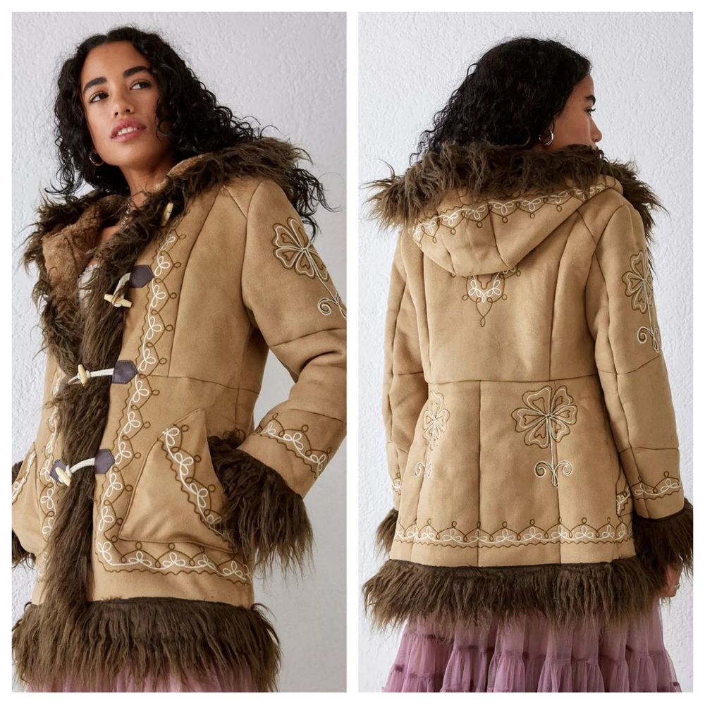 Urban Outfitters Embroidered Faux Fur Duffle Coat
